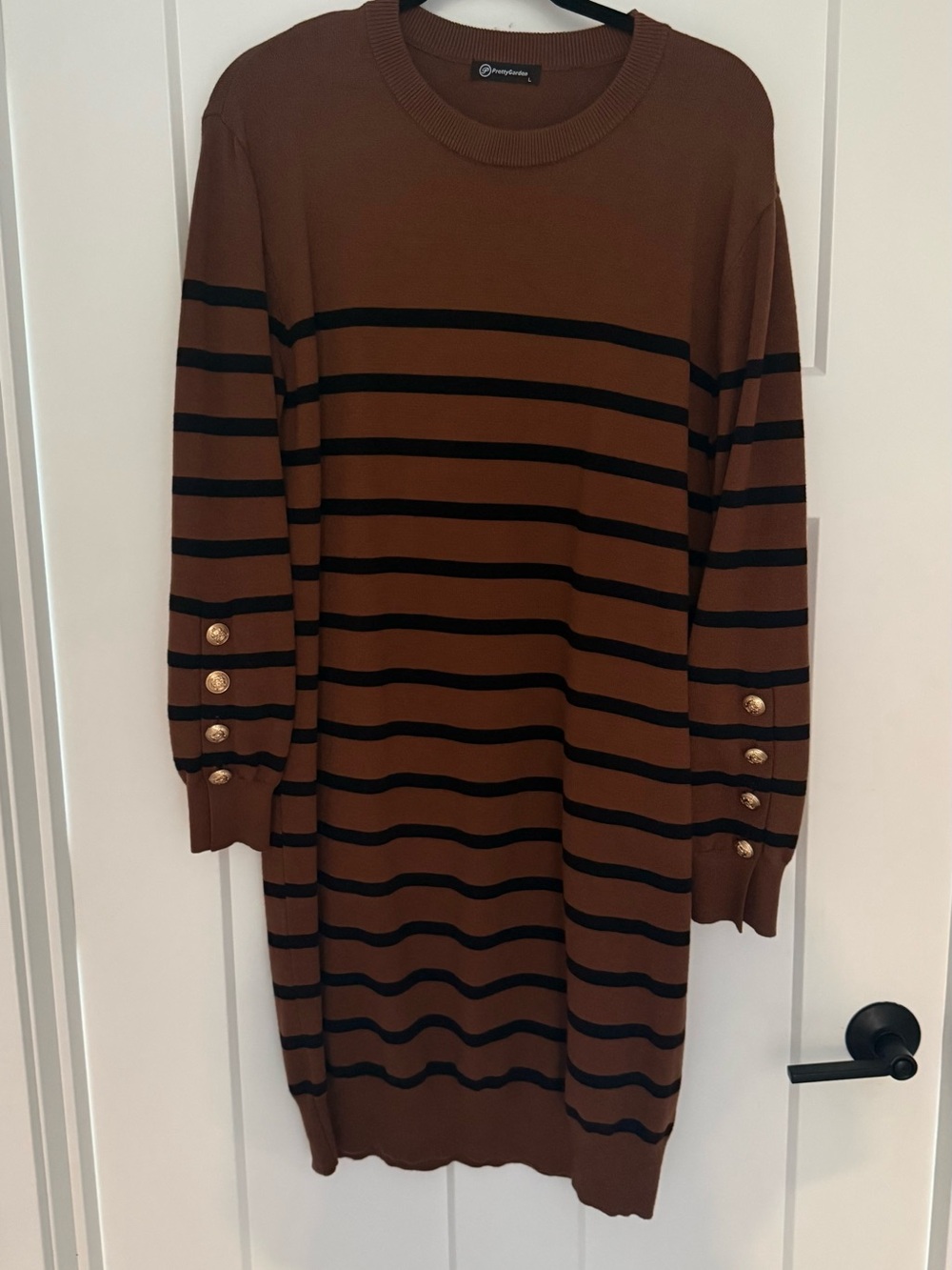 Striped Brown Long Sleeve Sweater Dress with Gold Buttons